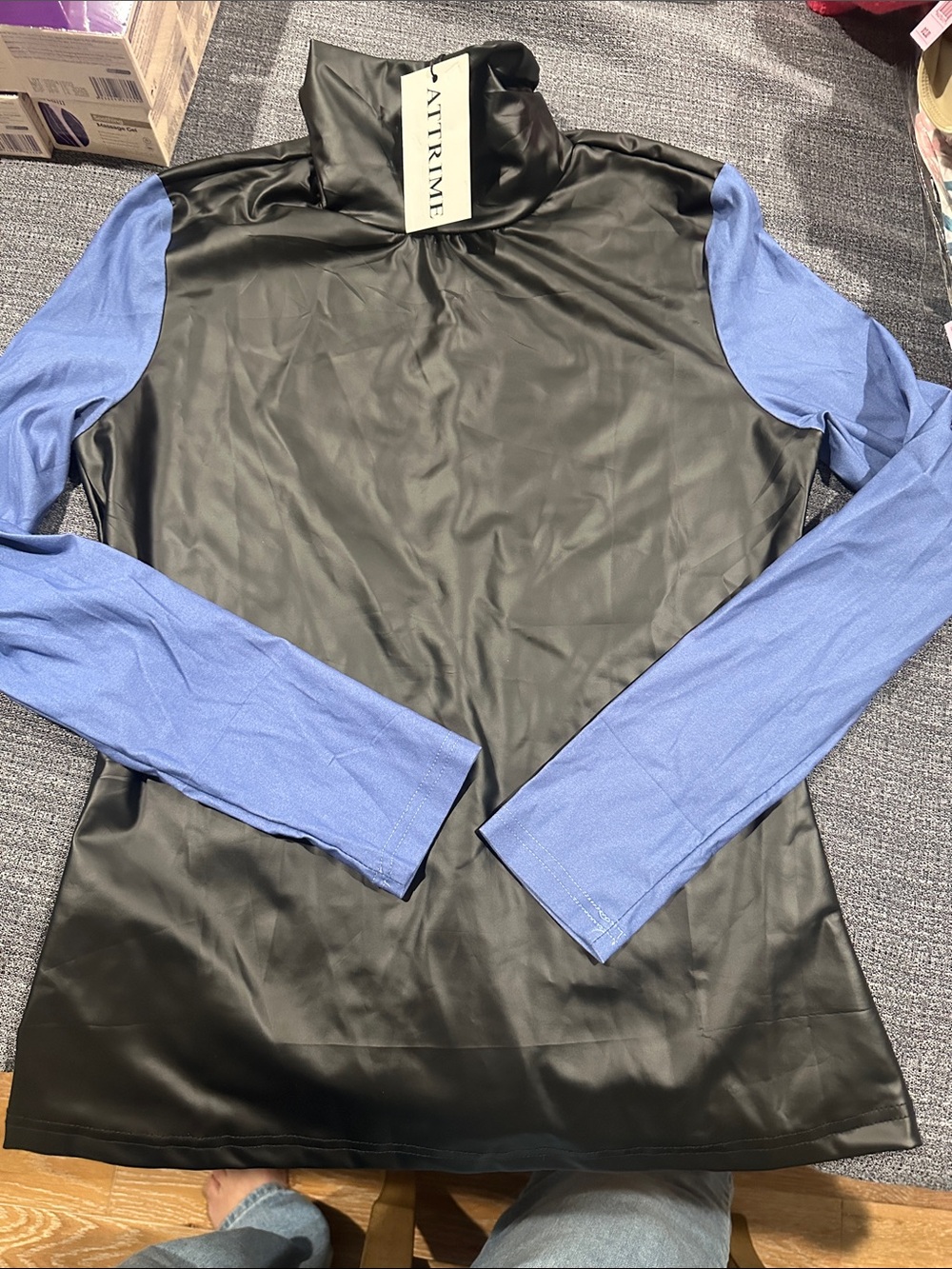 Black Faux Leather & Blue Long Sleeve Turtleneck Top